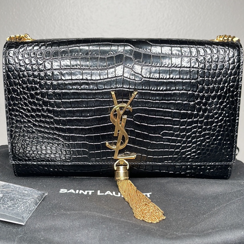 Kate Monogram YSL Medium Crocodile-Embossed Tassel Shoulder Bag